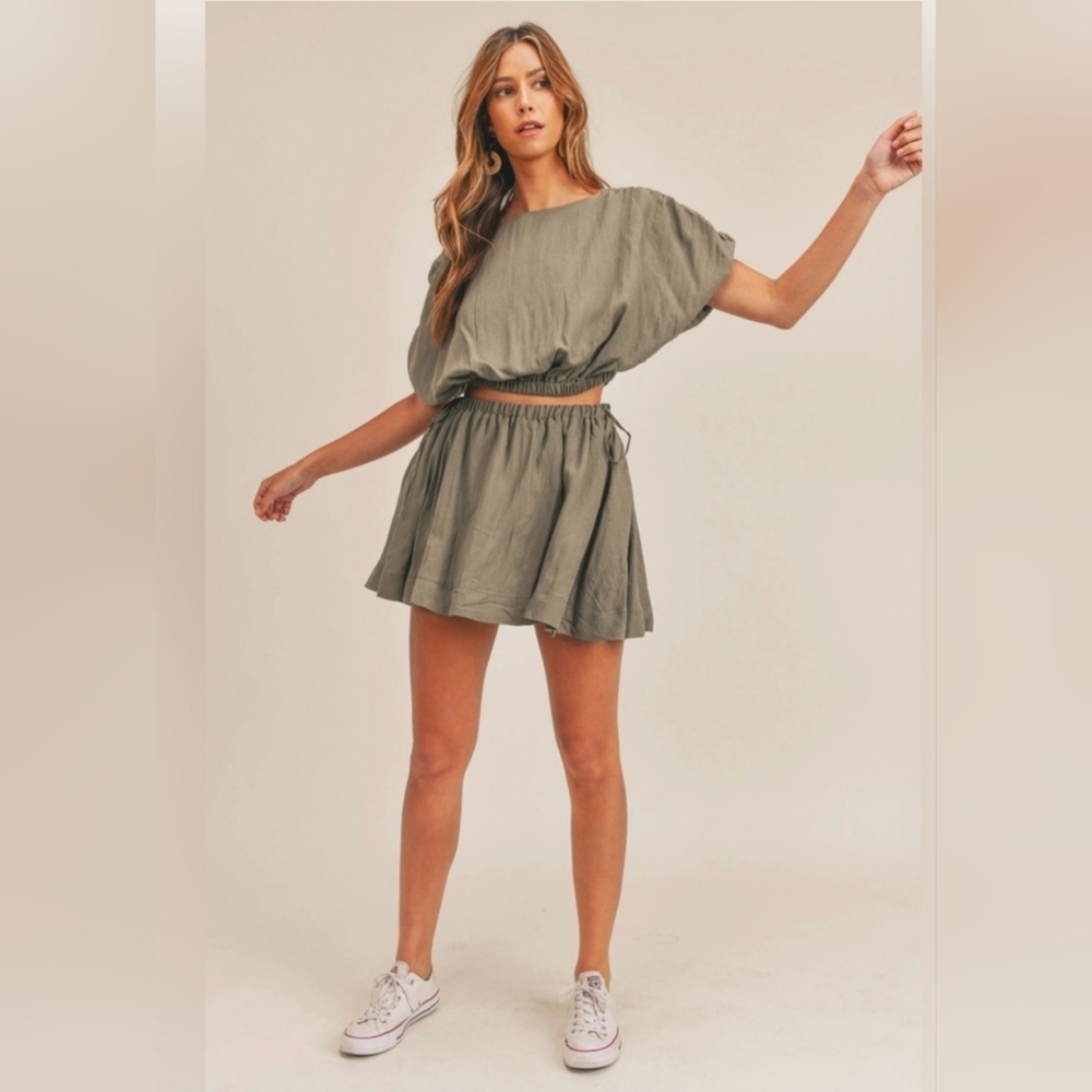 MABLE Anthopologie Small BEIGE 2 Piece Blouse & Mini Skort Set